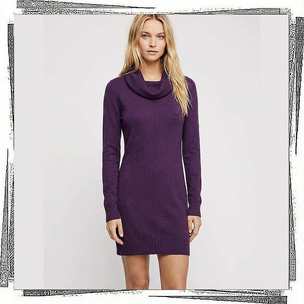 Purple Long Sleeve Cowl Neck Sweater Dress (XS) by Express